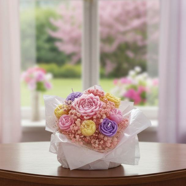 Handcrafted floral candle bouquet featuring pink, purple and yellow flower candles wrapped in tissue.