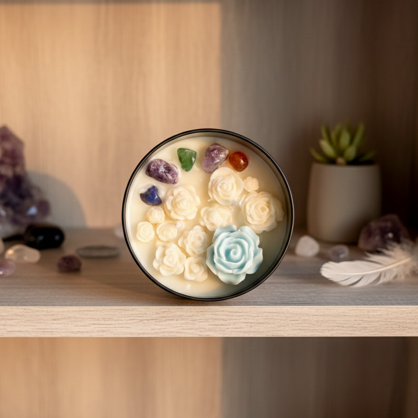 Decorative bowl with flowers and stones on a wooden shelf