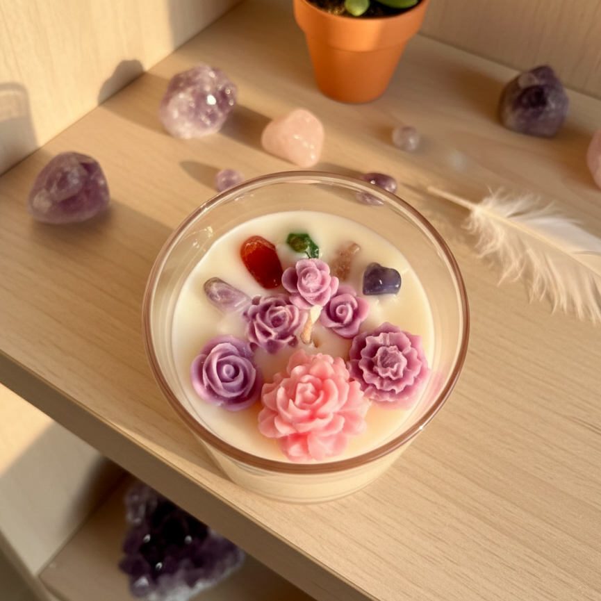 Glass container with decorative flowers on a wooden surface with crystals and a plant.