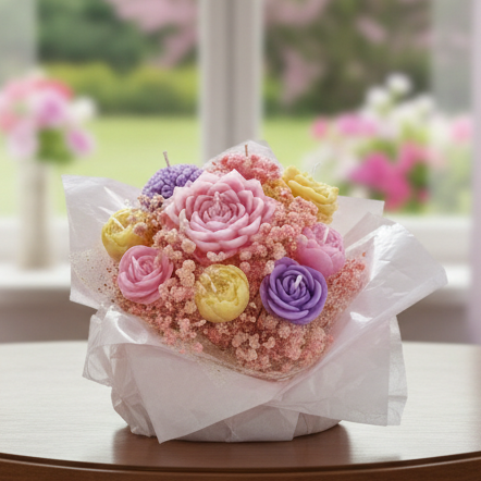 Bouquet of colorful flowers on a table with a blurred floral background