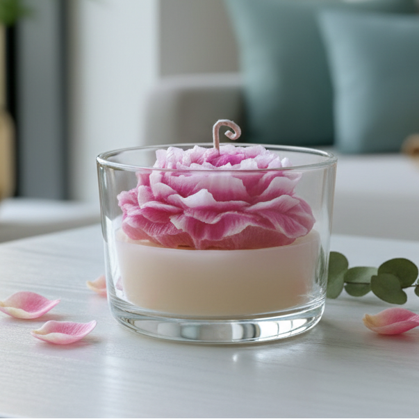 Candle with a pink floral design in a clear glass holder on a light surface.