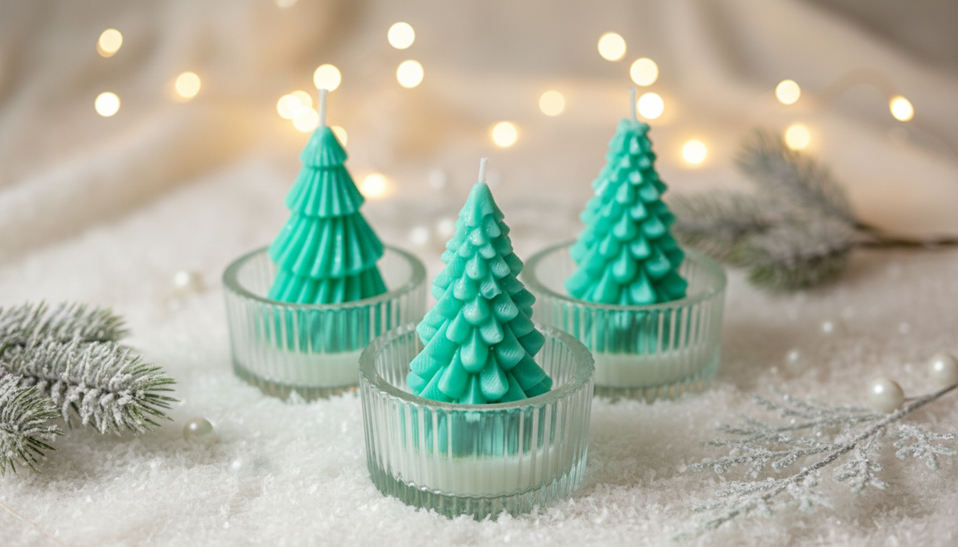 Three Christmas tree-shaped candles on a snowy background with lights.