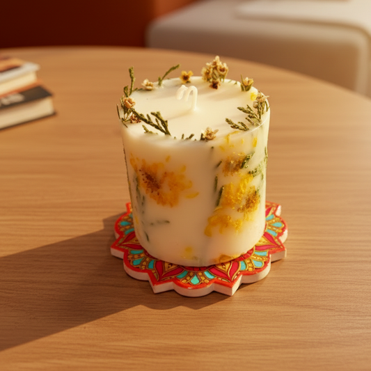 Decorative candle with flowers on a wooden table