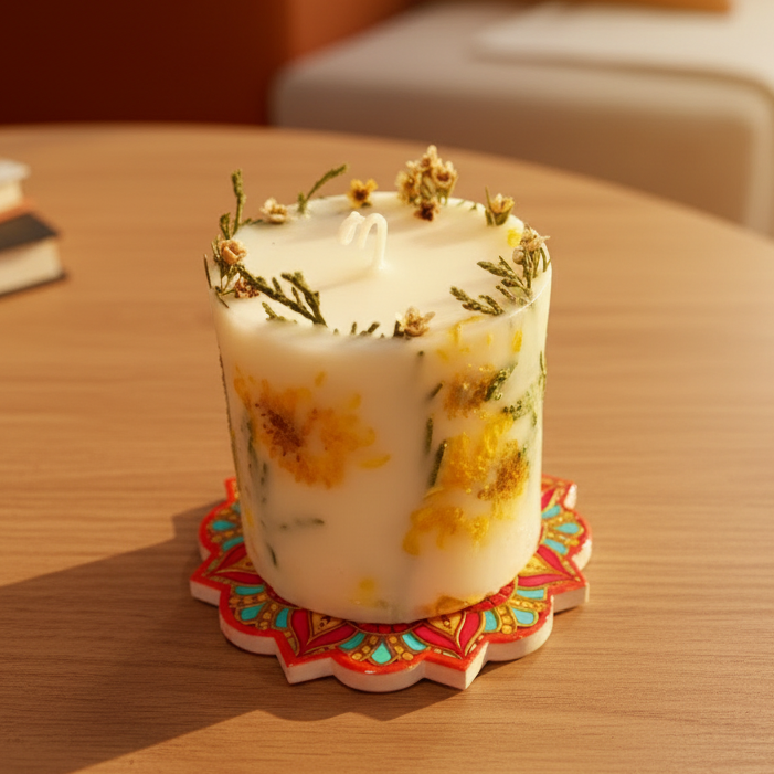 Decorative candle with flowers on a wooden table