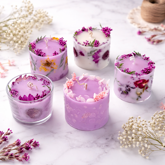 Set of five small candles with floral decorations on a marble surface.
