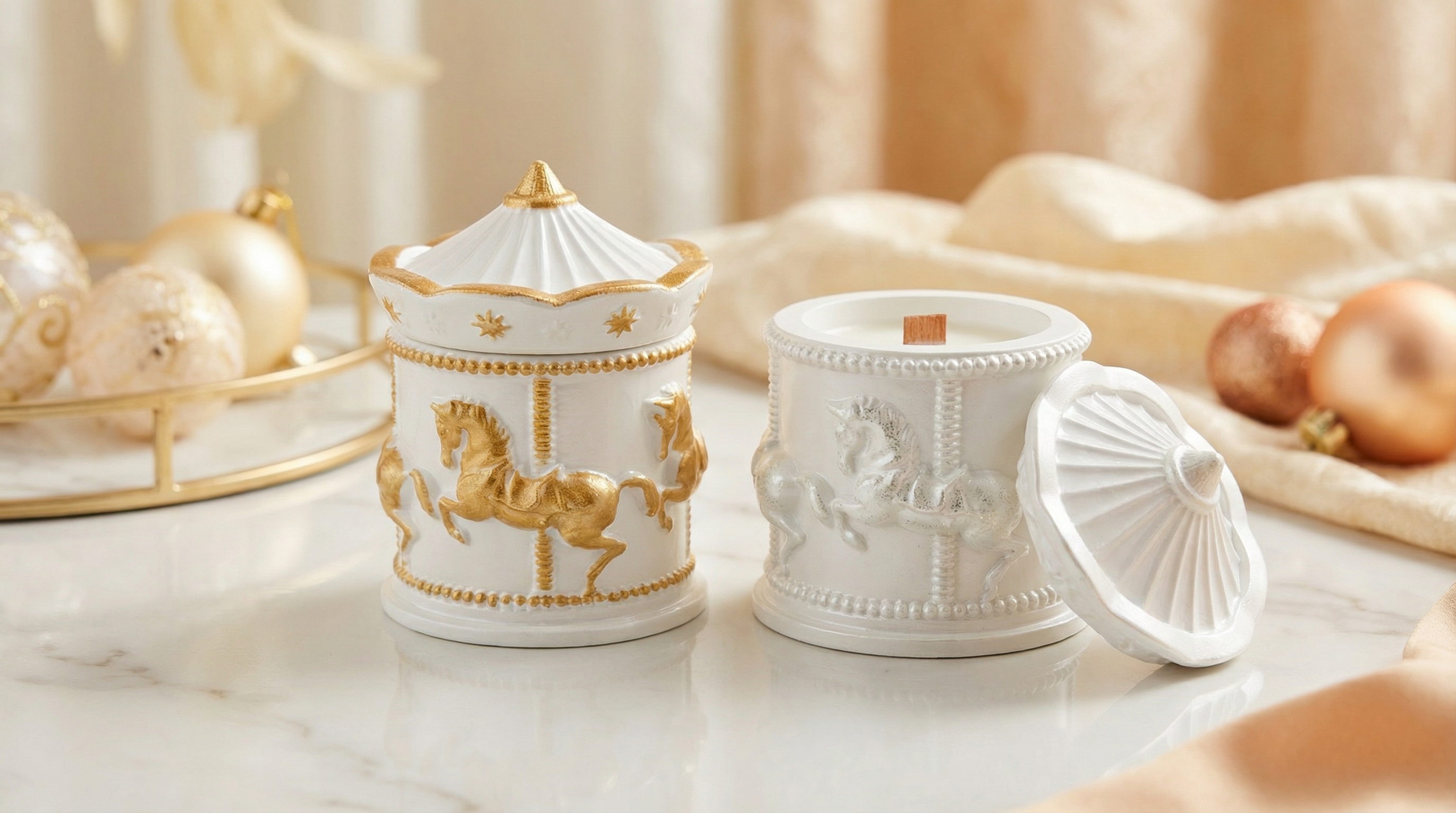 Decorative white and gold ceramic containers with horse design on a marble surface.