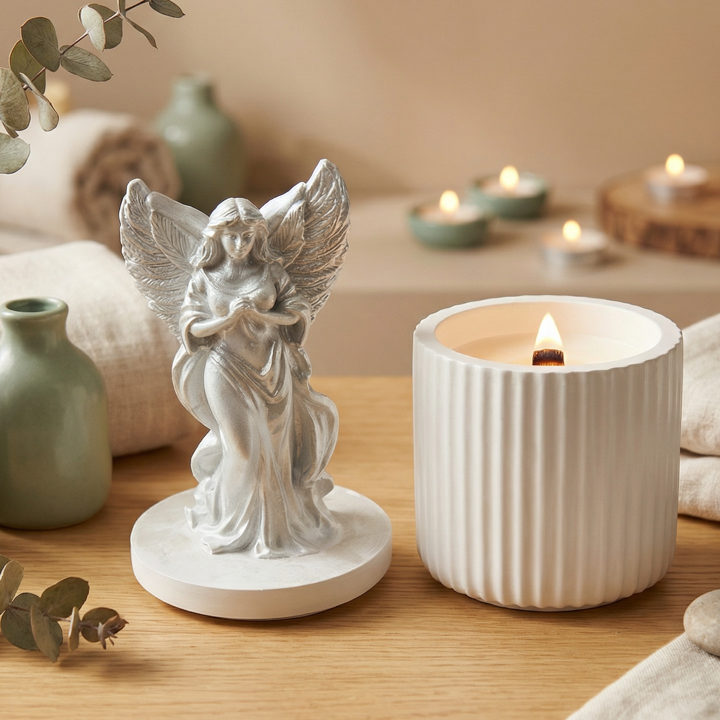 Decorative angel figurine next to a lit candle on a wooden surface with soft lighting.
